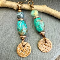Copper Disc Drop Earrings, Turquoise Beads, Light Everyday, Boho Summer Style, Hypoallergenic Ear Wires, Earthy Rustic Jewelry, Handmade