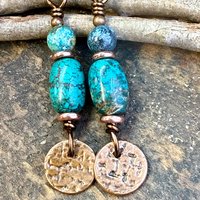 Copper Disc Drop Earrings, Turquoise Beads, Light Everyday, Boho Summer Style, Hypoallergenic Ear Wires, Earthy Rustic Jewelry, Handmade