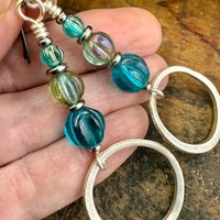 Sterling Silver Drop Hoop Earrings, Czech Glass Beads, Light Everyday Earrings, Hypoallergenic, Niobium Ear Wires, Earthy Rustic Jewelry