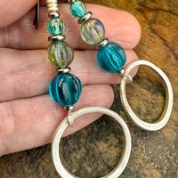 Sterling Silver Drop Hoop Earrings, Czech Glass Beads, Light Everyday Earrings, Hypoallergenic, Niobium Ear Wires, Earthy Rustic Jewelry