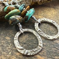 Sterling Silver & Turquoise, Drop Hoop Earrings, Summer Boho Style, Earthy Rustic Jewelry, Stacked Cairn Beads, Everyday, Handmade Art Style