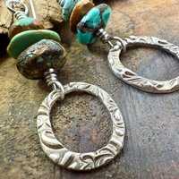 Sterling Silver & Turquoise, Drop Hoop Earrings, Summer Boho Style, Earthy Rustic Jewelry, Stacked Cairn Beads, Everyday, Handmade Art Style