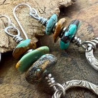 Sterling Silver & Turquoise, Drop Hoop Earrings, Summer Boho Style, Earthy Rustic Jewelry, Stacked Cairn Beads, Everyday, Handmade Art Style