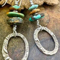 Sterling Silver & Turquoise, Drop Hoop Earrings, Summer Boho Style, Earthy Rustic Jewelry, Stacked Cairn Beads, Everyday, Handmade Art Style
