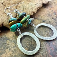 Sterling Silver & Turquoise, Drop Hoop Earrings, Summer Boho Style, Earthy Rustic Jewelry, Stacked Cairn Beads, Everyday, Handmade Art Style