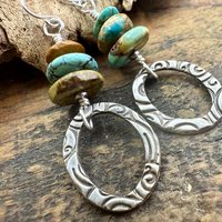 Sterling Silver & Turquoise, Drop Hoop Earrings, Summer Boho Style, Earthy Rustic Jewelry, Stacked Cairn Beads, Everyday, Handmade Art Style