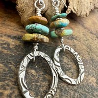 Sterling Silver & Turquoise, Drop Hoop Earrings, Summer Boho Style, Earthy Rustic Jewelry, Stacked Cairn Beads, Everyday, Handmade Art Style
