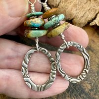 Sterling Silver & Turquoise, Drop Hoop Earrings, Summer Boho Style, Earthy Rustic Jewelry, Stacked Cairn Beads, Everyday, Handmade Art Style