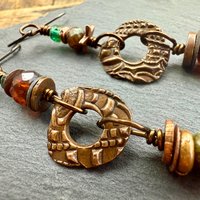 Long Dangle Copper Earrings, Stacked Cairns, Copper Washers, Czech Glass Beads, Hypoallergenic Ear Wires, Earthy, Arty Mismatched Earrings