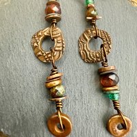 Long Dangle Copper Earrings, Stacked Cairns, Copper Washers, Czech Glass Beads, Hypoallergenic Ear Wires, Earthy, Arty Mismatched Earrings