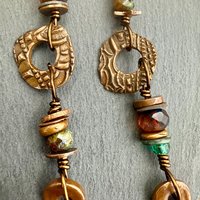 Long Dangle Copper Earrings, Stacked Cairns, Copper Washers, Czech Glass Beads, Hypoallergenic Ear Wires, Earthy, Arty Mismatched Earrings