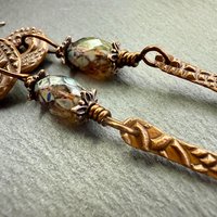 Copper Dangle Drop Earrings, Long Statement Earrings, Czech Glass Beads, Copper and Blue, Hypoallergenic Niobium Ear Wires, Earthy Primitive