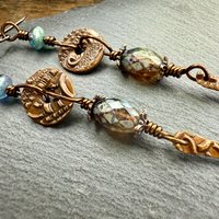 Copper Dangle Drop Earrings, Long Statement Earrings, Czech Glass Beads, Copper and Blue, Hypoallergenic Niobium Ear Wires, Earthy Primitive