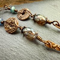 Copper Dangle Drop Earrings, Long Statement Earrings, Czech Glass Beads, Copper and Blue, Hypoallergenic Niobium Ear Wires, Earthy Primitive
