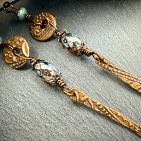 Copper Dangle Drop Earrings, Long Statement Earrings, Czech Glass Beads, Copper and Blue, Hypoallergenic Niobium Ear Wires, Earthy Primitive