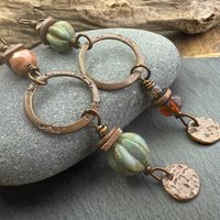 Copper Hoop Dangles, Long Earthy Earrings, Stacked Spacers, Czech Glass Beads, Hypoallergenic Ear Wires, Arty Mismatched Earrings, Handmade