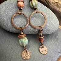 Copper Hoop Dangles, Long Earthy Earrings, Stacked Spacers, Czech Glass Beads, Hypoallergenic Ear Wires, Arty Mismatched Earrings, Handmade