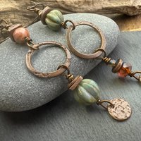 Copper Hoop Dangles, Long Earthy Earrings, Stacked Spacers, Czech Glass Beads, Hypoallergenic Ear Wires, Arty Mismatched Earrings, Handmade