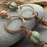 Copper Hoop Dangles, Long Earthy Earrings, Stacked Spacers, Czech Glass Beads, Hypoallergenic Ear Wires, Arty Mismatched Earrings, Handmade