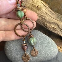 Copper Hoop Dangles, Long Earthy Earrings, Stacked Spacers, Czech Glass Beads, Hypoallergenic Ear Wires, Arty Mismatched Earrings, Handmade
