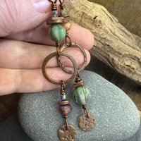 Copper Hoop Dangles, Long Earthy Earrings, Stacked Spacers, Czech Glass Beads, Hypoallergenic Ear Wires, Arty Mismatched Earrings, Handmade