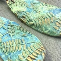 Bronze Fern Earrings, Verdigris Patina, Teardrop Dangle, Czech Glass Beads, Boho Hippie Style, Shield Earrings, Earth Witch, Art Earthy
