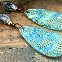Bronze Fern Earrings, Verdigris Patina, Teardrop Dangle, Czech Glass Beads, Boho Hippie Style, Shield Earrings, Earth Witch, Art Earthy
