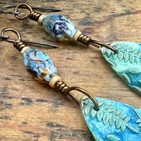 Bronze Fern Earrings, Verdigris Patina, Teardrop Dangle, Czech Glass Beads, Boho Hippie Style, Shield Earrings, Earth Witch, Art Earthy