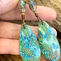 Bronze Fern Earrings, Verdigris Patina, Teardrop Dangle, Czech Glass Beads, Boho Hippie Style, Shield Earrings, Earth Witch, Art Earthy