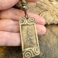 Pine Tree, Bronze Pendant, Celtic Spirals, Czech Glass Beads, Evergreen Trees, Earthy Rustic Art Jewelry, Hand Carved, Tree of Life, Pagan