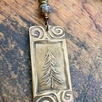 Pine Tree, Bronze Pendant, Celtic Spirals, Czech Glass Beads, Evergreen Trees, Earthy Rustic Art Jewelry, Hand Carved, Tree of Life, Pagan