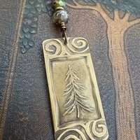 Pine Tree, Bronze Pendant, Celtic Spirals, Czech Glass Beads, Evergreen Trees, Earthy Rustic Art Jewelry, Hand Carved, Tree of Life, Pagan