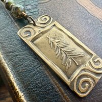 Pine Tree, Bronze Pendant, Celtic Spirals, Czech Glass Beads, Evergreen Trees, Earthy Rustic Art Jewelry, Hand Carved, Tree of Life, Pagan