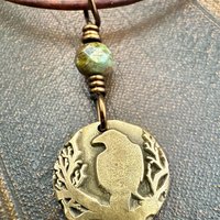 Raven Bronze Pendant, Wax Seal Charm, Czech Glass Bead, Crow Corvid, Tree Branches, Pagan Samhain, Celtic Witch Jewelry, Earthy Rustic Wicca