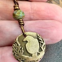Raven Bronze Pendant, Wax Seal Charm, Czech Glass Bead, Crow Corvid, Tree Branches, Pagan Samhain, Celtic Witch Jewelry, Earthy Rustic Wicca