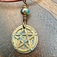 Pentagram Bronze Charm, Pentacle Pendant, Czech Glass Bead, Leather & Vegan Cords, Pagan Wicca, 5 Elements Star, Handmade, Witchy Things