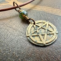 Pentagram Bronze Charm, Pentacle Pendant, Czech Glass Bead, Leather & Vegan Cords, Pagan Wicca, 5 Elements Star, Handmade, Witchy Things