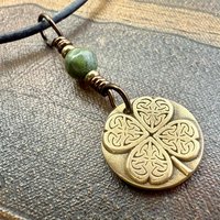 Four Leaf Clover, Bronze Necklace, Wax Seal Charm, Connemara Marble, Irish Celtic Jewelry, Lucky Charm, Celtic Witch, Irish Shamrock Luck