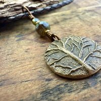 Tree of Life Charm, Bronze Necklace, Tree Branches, Czech Glass Beads, Domed Pendant, Hand Carved, Celtic Witch, Pagan Druid, Earth Lover