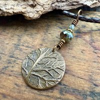 Tree of Life Charm, Bronze Necklace, Tree Branches, Czech Glass Beads, Domed Pendant, Hand Carved, Celtic Witch, Pagan Druid, Earth Lover