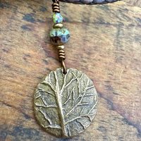 Tree of Life Charm, Bronze Necklace, Tree Branches, Czech Glass Beads, Domed Pendant, Hand Carved, Celtic Witch, Pagan Druid, Earth Lover
