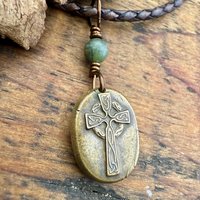 Bronze Celtic Cross, Wax Seal Charm, Connemara Marble, Irish Celtic, Chunky Cross Necklace, Leather Vegan Cord, Ancient Symbols, Talisman