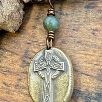 Bronze Celtic Cross, Wax Seal Charm, Connemara Marble, Irish Celtic, Chunky Cross Necklace, Leather Vegan Cord, Ancient Symbols, Talisman