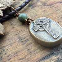 Bronze Celtic Cross, Wax Seal Charm, Connemara Marble, Irish Celtic, Chunky Cross Necklace, Leather Vegan Cord, Ancient Symbols, Talisman