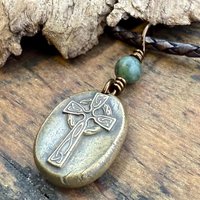 Bronze Celtic Cross, Wax Seal Charm, Connemara Marble, Irish Celtic, Chunky Cross Necklace, Leather Vegan Cord, Ancient Symbols, Talisman