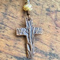 Tree Cross Charm, Copper Pendant, Tree Branches, Czech Glass Beads, Leather & Vegan Cords, Handmade Art Jewelry, Tree of Life, Witchy Things