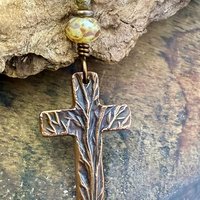 Tree Cross Charm, Copper Pendant, Tree Branches, Czech Glass Beads, Leather & Vegan Cords, Handmade Art Jewelry, Tree of Life, Witchy Things