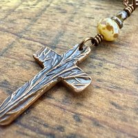 Tree Cross Charm, Copper Pendant, Tree Branches, Czech Glass Beads, Leather & Vegan Cords, Handmade Art Jewelry, Tree of Life, Witchy Things