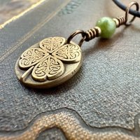 Four Leaf Clover Heart, Bronze Wax Seal Charm, Connemara Marble, Irish Celtic Jewelry, 4 Leaf Clover, Lucky Love Charm, Leather & Vegan Cord