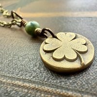 Four Leaf Clover, Bronze Necklace, Wax Seal Charm, Connemara Marble, Irish Celtic Jewelry, Lucky Charm, Celtic Witch, Irish Shamrock Luck